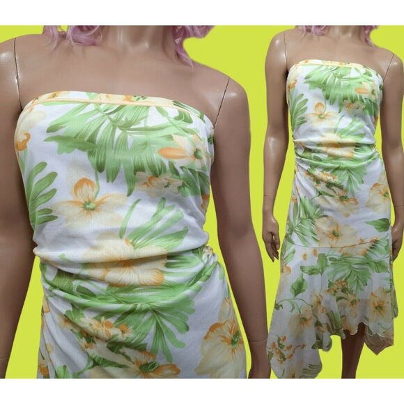 90s Y2K Strapless Floral Mesh Dress Size M White Yellow Green Midi Length Ruched - Picture 1 of 8